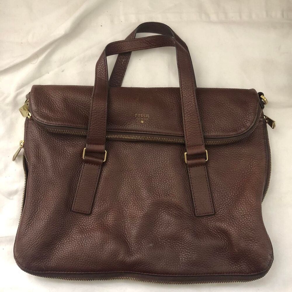 Fossil Preston Satchel Tote Brown Raisin Leather messenger shoulder bag purse